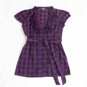 Poetry Waist Tie Mini Buffalo Plaid Dress - Black and Purple